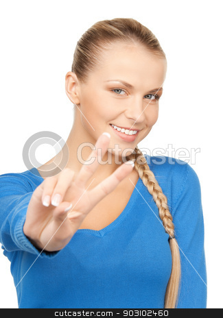 To use this stock image in your creative project, please select the size you need over to the right and click the "Add to Cart" button.
Your downloaded image will come with the Cutcaster watermark removed so don’t worry about the watermark you see on this page. young woman showing victory sign stock photo, bright picture of young woman showing victory sign by Syda Productions