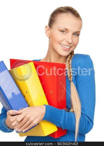 To use this stock image in your creative project, please select the size you need over to the right and click the "Add to Cart" button.
Your downloaded image will come with the Cutcaster watermark removed so don’t worry about the watermark you see on this page. happy woman with folders stock photo, bright picture of happy woman with folders by Syda Productions