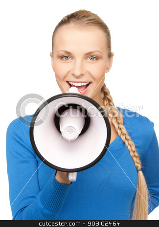 To use this stock image in your creative project, please select the size you need over to the right and click the "Add to Cart" button.
Your downloaded image will come with the Cutcaster watermark removed so don’t worry about the watermark you see on this page. happy woman with megaphone stock photo, bright picture of happy woman with megaphone by Syda Productions