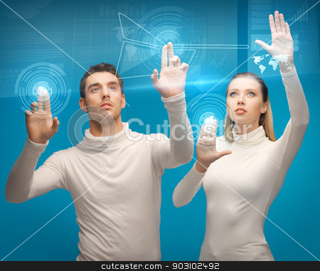 To use this stock image in your creative project, please select the size you need over to the right and click the "Add to Cart" button.
Your downloaded image will come with the Cutcaster watermark removed so don’t worry about the watermark you see on this page. man and woman working with virtual screens stock photo, picture of man and woman working with virtual screens by Syda Productions