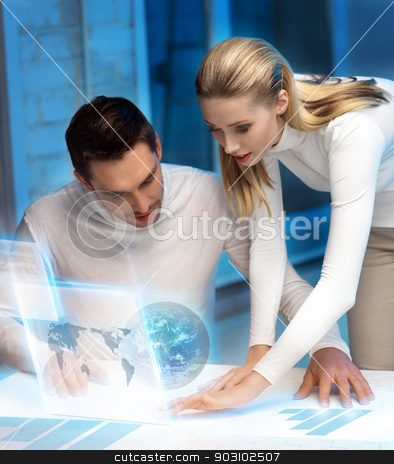 To use this stock image in your creative project, please select the size you need over to the right and click the "Add to Cart" button.
Your downloaded image will come with the Cutcaster watermark removed so don’t worry about the watermark you see on this page. man and woman working with virtual screen stock photo, picture of man and woman working with virtual screen by Syda Productions