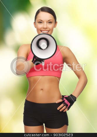 To use this stock image in your creative project, please select the size you need over to the right and click the "Add to Cart" button.
Your downloaded image will come with the Cutcaster watermark removed so don’t worry about the watermark you see on this page. woman with megaphone stock photo, picture of beautiful sporty woman with megaphone by Syda Productions