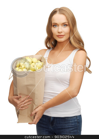 To use this stock image in your creative project, please select the size you need over to the right and click the "Add to Cart" button.
Your downloaded image will come with the Cutcaster watermark removed so don’t worry about the watermark you see on this page. woman with bag stock photo, picture of woman with shopping bag full of apples by Syda Productions