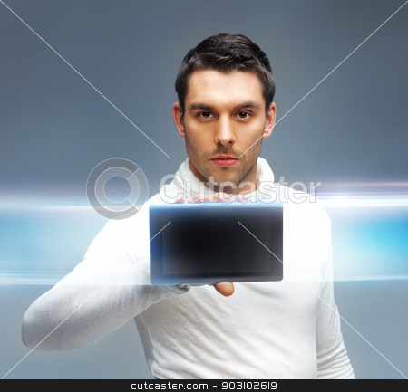 To use this stock image in your creative project, please select the size you need over to the right and click the "Add to Cart" button.
Your downloaded image will come with the Cutcaster watermark removed so don’t worry about the watermark you see on this page. man with tablet pc stock photo, bright picture of futuristic man with tablet pc by Syda Productions
