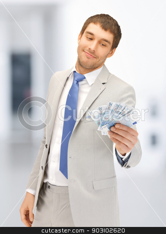 To use this stock image in your creative project, please select the size you need over to the right and click the "Add to Cart" button.
Your downloaded image will come with the Cutcaster watermark removed so don’t worry about the watermark you see on this page. man with euro cash money stock photo, picture of handsome man with euro cash money by Syda Productions
