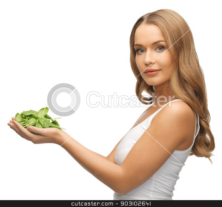 To use this stock image in your creative project, please select the size you need over to the right and click the "Add to Cart" button.
Your downloaded image will come with the Cutcaster watermark removed so don’t worry about the watermark you see on this page. woman with spinach leaves on palms stock photo, bright picture of woman with spinach leaves on palms by Syda Productions