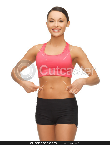 To use this stock image in your creative project, please select the size you need over to the right and click the "Add to Cart" button.
Your downloaded image will come with the Cutcaster watermark removed so don’t worry about the watermark you see on this page. beautiful sporty woman stock photo, beautiful sporty woman pointing finger on her belly by Syda Productions