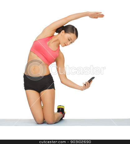 To use this stock image in your creative project, please select the size you need over to the right and click the "Add to Cart" button.
Your downloaded image will come with the Cutcaster watermark removed so don’t worry about the watermark you see on this page. beautiful sporty woman doing exercise stock photo, beautiful sporty woman with smartphone doing exercise by Syda Productions