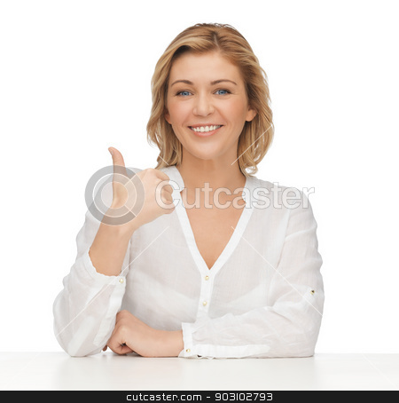 To use this stock image in your creative project, please select the size you need over to the right and click the "Add to Cart" button.
Your downloaded image will come with the Cutcaster watermark removed so don’t worry about the watermark you see on this page. woman in casual clothes stock photo, picture of woman in casual clothes showing thumbs up by Syda Productions