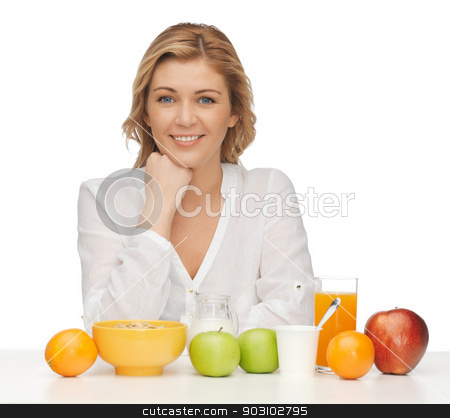 To use this stock image in your creative project, please select the size you need over to the right and click the "Add to Cart" button.
Your downloaded image will come with the Cutcaster watermark removed so don’t worry about the watermark you see on this page. woman with healthy breakfast stock photo, picture of woman in casual clothes with healthy breakfast by Syda Productions