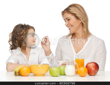 To use this stock image in your creative project, please select the size you need over to the right and click the "Add to Cart" button.
Your downloaded image will come with the Cutcaster watermark removed so don’t worry about the watermark you see on this page. mother and daughter stock photo, picture of mother and daughter with healthy breakfast by Syda Productions