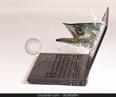 To use this stock image in your creative project, please select the size you need over to the right and click the "Add to Cart" button.
Your downloaded image will come with the Cutcaster watermark removed so don’t worry about the watermark you see on this page. Computer Fishing. stock photo, Monster fish comming out of computer screen . by WScott