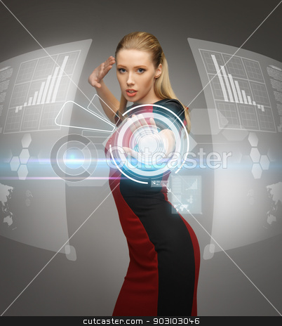 To use this stock image in your creative project, please select the size you need over to the right and click the "Add to Cart" button.
Your downloaded image will come with the Cutcaster watermark removed so don’t worry about the watermark you see on this page. woman working with virtual touchscreens stock photo, picture of futuristic woman working with virtual touchscreens by Syda Productions