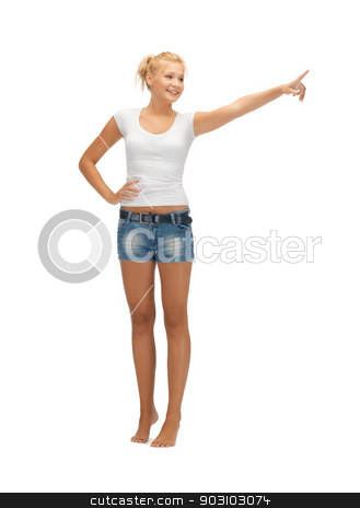 To use this stock image in your creative project, please select the size you need over to the right and click the "Add to Cart" button.
Your downloaded image will come with the Cutcaster watermark removed so don’t worry about the watermark you see on this page. teenage girl poining her finger stock photo, happy teenage girl in blank white t-shirt poining her finger by Syda Productions