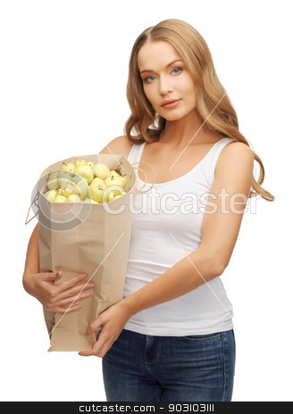 To use this stock image in your creative project, please select the size you need over to the right and click the "Add to Cart" button.
Your downloaded image will come with the Cutcaster watermark removed so don’t worry about the watermark you see on this page. woman with bag stock photo, picture of woman with shopping bag full of apples by Syda Productions