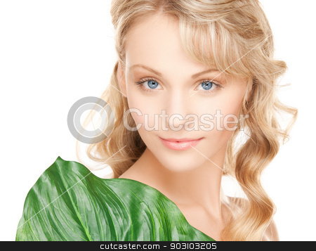 To use this stock image in your creative project, please select the size you need over to the right and click the "Add to Cart" button.
Your downloaded image will come with the Cutcaster watermark removed so don’t worry about the watermark you see on this page. woman with green leaf stock photo, picture of woman with green leaf over white. by Syda Productions