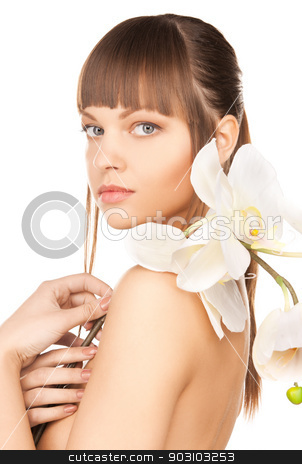To use this stock image in your creative project, please select the size you need over to the right and click the "Add to Cart" button.
Your downloaded image will come with the Cutcaster watermark removed so don’t worry about the watermark you see on this page. lovely woman with orchid flower stock photo, bright picture of lovely woman with orchid flower. by Syda Productions