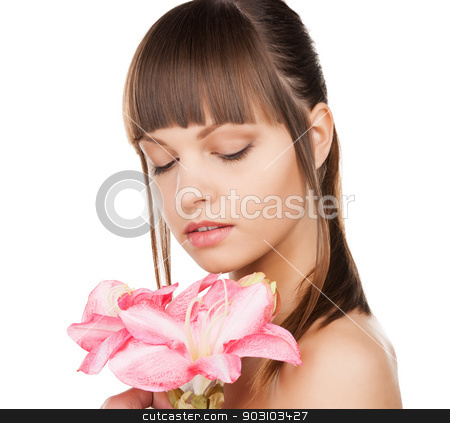 To use this stock image in your creative project, please select the size you need over to the right and click the "Add to Cart" button.
Your downloaded image will come with the Cutcaster watermark removed so don’t worry about the watermark you see on this page. lovely woman with lily flower stock photo, bright picture of lovely woman with lily flower. by Syda Productions