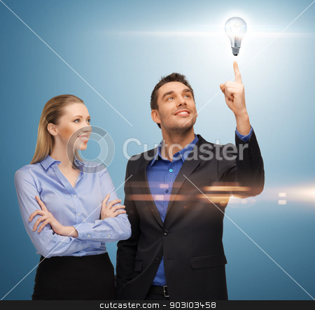 To use this stock image in your creative project, please select the size you need over to the right and click the "Add to Cart" button.
Your downloaded image will come with the Cutcaster watermark removed so don’t worry about the watermark you see on this page. man and woman with light bulb stock photo, bright picture of man and woman with light bulb by Syda Productions