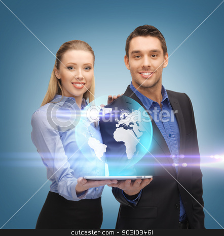 To use this stock image in your creative project, please select the size you need over to the right and click the "Add to Cart" button.
Your downloaded image will come with the Cutcaster watermark removed so don’t worry about the watermark you see on this page. man and woman with tablet pc stock photo, man and woman with virtual globe from tablet pc by Syda Productions