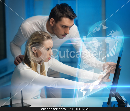 To use this stock image in your creative project, please select the size you need over to the right and click the "Add to Cart" button.
Your downloaded image will come with the Cutcaster watermark removed so don’t worry about the watermark you see on this page. man and woman in laboratory stock photo, picture of man and woman in space laboratory by Syda Productions