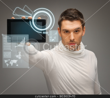 To use this stock image in your creative project, please select the size you need over to the right and click the "Add to Cart" button.
Your downloaded image will come with the Cutcaster watermark removed so don’t worry about the watermark you see on this page. man with tablet pc and virtual screens stock photo, picture of man with tablet pc and virtual screens by Syda Productions