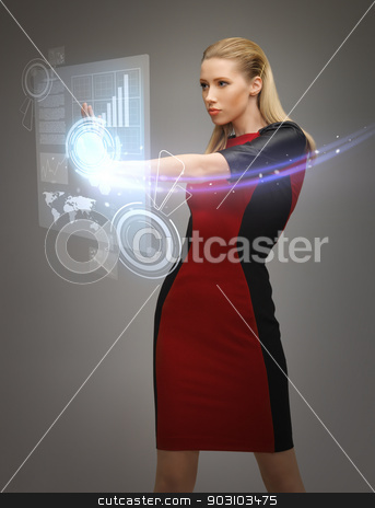 To use this stock image in your creative project, please select the size you need over to the right and click the "Add to Cart" button.
Your downloaded image will come with the Cutcaster watermark removed so don’t worry about the watermark you see on this page. woman working with virtual touchscreens stock photo, picture of futuristic woman working with virtual touchscreens by Syda Productions
