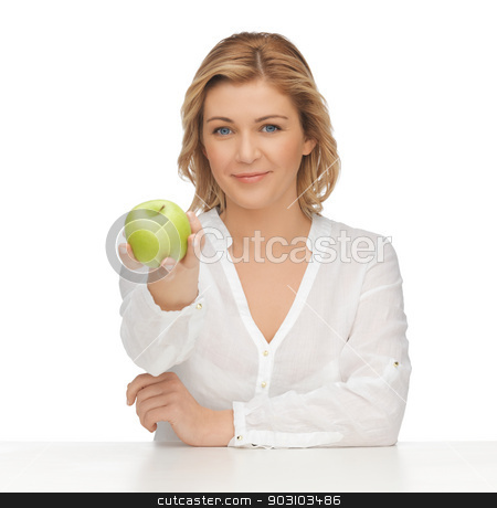 To use this stock image in your creative project, please select the size you need over to the right and click the "Add to Cart" button.
Your downloaded image will come with the Cutcaster watermark removed so don’t worry about the watermark you see on this page. woman with green apple stock photo, picture of woman in casual clothes with green apple by Syda Productions