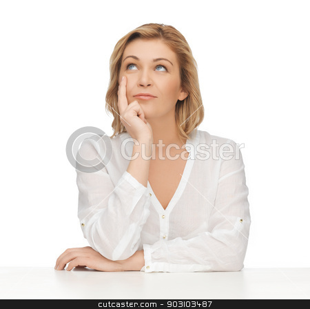 To use this stock image in your creative project, please select the size you need over to the right and click the "Add to Cart" button.
Your downloaded image will come with the Cutcaster watermark removed so don’t worry about the watermark you see on this page. woman in casual clothes stock photo, bright picture of thoughtful woman in casual clothes by Syda Productions