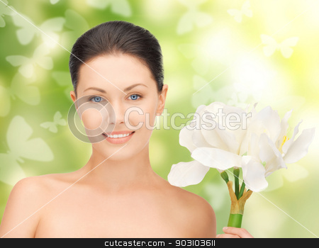 To use this stock image in your creative project, please select the size you need over to the right and click the "Add to Cart" button.
Your downloaded image will come with the Cutcaster watermark removed so don’t worry about the watermark you see on this page. lovely woman with lily flower and butterflies stock photo, bright picture of lovely woman with lily flower and butterflies by Syda Productions