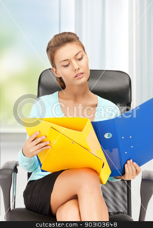 To use this stock image in your creative project, please select the size you need over to the right and click the "Add to Cart" button.
Your downloaded image will come with the Cutcaster watermark removed so don’t worry about the watermark you see on this page. young businesswoman with folders sitting in chair stock photo, picture of young businesswoman with folders sitting in chair by Syda Productions