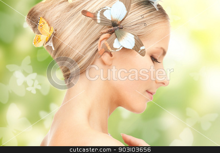 To use this stock image in your creative project, please select the size you need over to the right and click the "Add to Cart" button.
Your downloaded image will come with the Cutcaster watermark removed so don’t worry about the watermark you see on this page. woman with butterflies in hair stock photo, picture of happy woman with butterflies in hair by Syda Productions