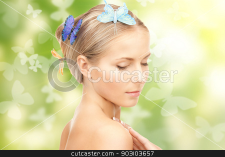 To use this stock image in your creative project, please select the size you need over to the right and click the "Add to Cart" button.
Your downloaded image will come with the Cutcaster watermark removed so don’t worry about the watermark you see on this page. beautiful woman with butterfly in hair stock photo, picture of beautiful woman with butterfly in hair by Syda Productions