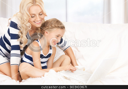 To use this stock image in your creative project, please select the size you need over to the right and click the "Add to Cart" button.
Your downloaded image will come with the Cutcaster watermark removed so don’t worry about the watermark you see on this page. happy mother and child with laptop computer stock photo, bright picture of happy mother and child with laptop computer (focus on girl) by Syda Productions
