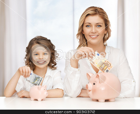 To use this stock image in your creative project, please select the size you need over to the right and click the "Add to Cart" button.
Your downloaded image will come with the Cutcaster watermark removed so don’t worry about the watermark you see on this page. mother and daughter stock photo, mother and daughter with piggy banks and paper money by Syda Productions