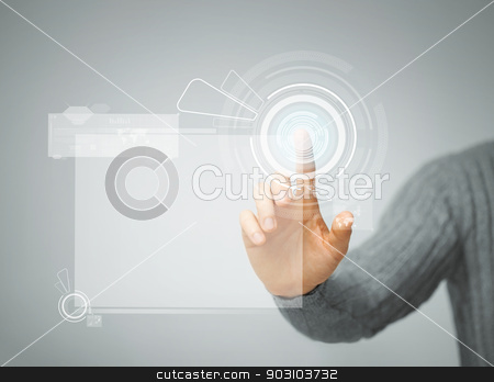 To use this stock image in your creative project, please select the size you need over to the right and click the "Add to Cart" button.
Your downloaded image will come with the Cutcaster watermark removed so don’t worry about the watermark you see on this page. man pressing virtual button stock photo, bright picture of man pressing virtual button by Syda Productions