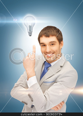 To use this stock image in your creative project, please select the size you need over to the right and click the "Add to Cart" button.
Your downloaded image will come with the Cutcaster watermark removed so don’t worry about the watermark you see on this page. man in suit with light bulb stock photo, picture of man in suit with light bulb by Syda Productions