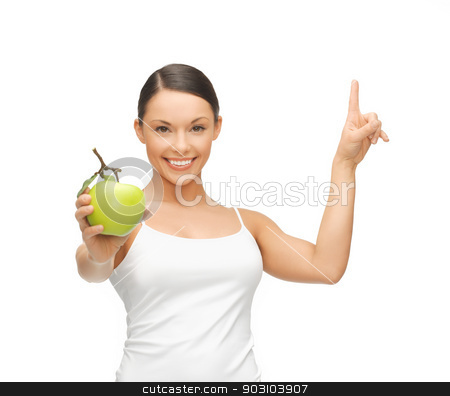 To use this stock image in your creative project, please select the size you need over to the right and click the "Add to Cart" button.
Your downloaded image will come with the Cutcaster watermark removed so don’t worry about the watermark you see on this page. woman with green apple pointing her finger up stock photo, beautiful woman with green apple pointing her finger up. by Syda Productions