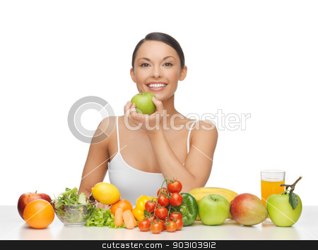 To use this stock image in your creative project, please select the size you need over to the right and click the "Add to Cart" button.
Your downloaded image will come with the Cutcaster watermark removed so don’t worry about the watermark you see on this page. woman with fruits and vegetables stock photo, healthy woman with lot of fruits and vegetables in front by Syda Productions