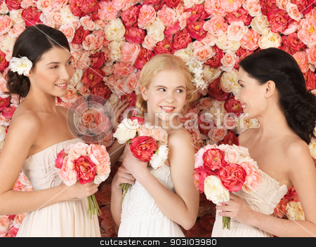 To use this stock image in your creative project, please select the size you need over to the right and click the "Add to Cart" button.
Your downloaded image will come with the Cutcaster watermark removed so don’t worry about the watermark you see on this page. three women with background full of roses stock photo, beautiful three women with background full of roses by Syda Productions