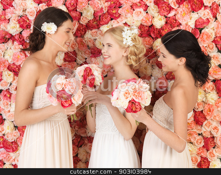 To use this stock image in your creative project, please select the size you need over to the right and click the "Add to Cart" button.
Your downloaded image will come with the Cutcaster watermark removed so don’t worry about the watermark you see on this page. three women with background full of roses stock photo, beautiful three women with background full of roses by Syda Productions