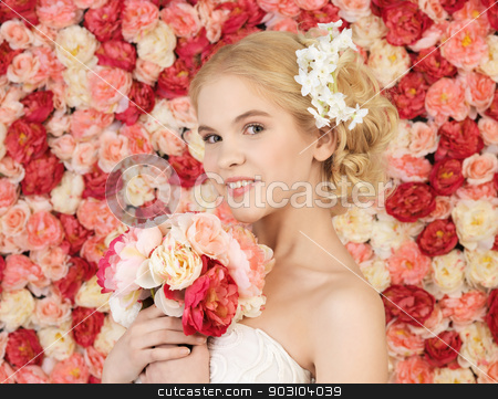 To use this stock image in your creative project, please select the size you need over to the right and click the "Add to Cart" button.
Your downloaded image will come with the Cutcaster watermark removed so don’t worry about the watermark you see on this page. woman with bouquet and background full of roses stock photo, woman with bouquet of flowers and background full of roses by Syda Productions