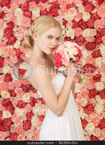 To use this stock image in your creative project, please select the size you need over to the right and click the "Add to Cart" button.
Your downloaded image will come with the Cutcaster watermark removed so don’t worry about the watermark you see on this page. woman with bouquet and background full of roses stock photo, woman with bouquet of flowers and background full of roses by Syda Productions