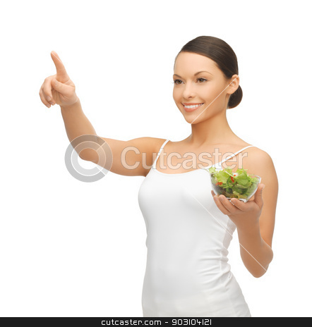 To use this stock image in your creative project, please select the size you need over to the right and click the "Add to Cart" button.
Your downloaded image will come with the Cutcaster watermark removed so don’t worry about the watermark you see on this page. healthy woman holding bowl with salad stock photo, woman with salad pointing her finger at something by Syda Productions
