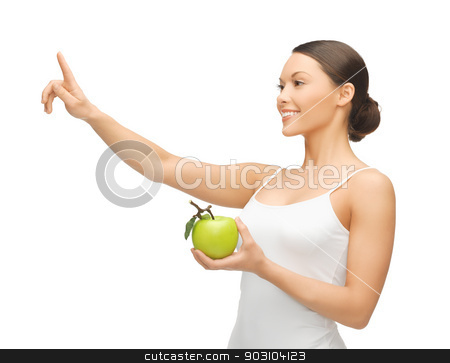 To use this stock image in your creative project, please select the size you need over to the right and click the "Add to Cart" button.
Your downloaded image will come with the Cutcaster watermark removed so don’t worry about the watermark you see on this page. woman with green apple stock photo, woman with green apple pointing her finger at something. by Syda Productions
