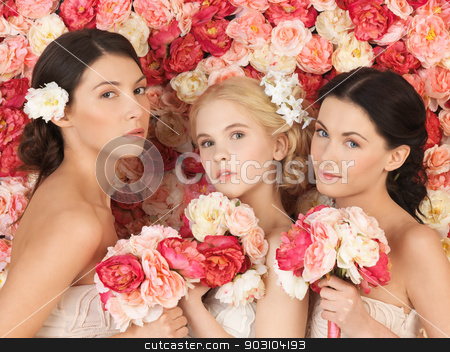 To use this stock image in your creative project, please select the size you need over to the right and click the "Add to Cart" button.
Your downloaded image will come with the Cutcaster watermark removed so don’t worry about the watermark you see on this page. three women with background full of roses stock photo, beautiful three women with background full of roses by Syda Productions