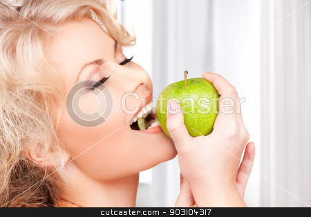 To use this stock image in your creative project, please select the size you need over to the right and click the "Add to Cart" button.
Your downloaded image will come with the Cutcaster watermark removed so don’t worry about the watermark you see on this page. young beautiful woman with green apple stock photo, picture of young beautiful woman with green apple by Syda Productions