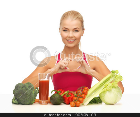 To use this stock image in your creative project, please select the size you need over to the right and click the "Add to Cart" button.
Your downloaded image will come with the Cutcaster watermark removed so don’t worry about the watermark you see on this page. woman with organic food stock photo, woman with organic food showing heart shape with hands by Syda Productions
