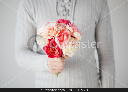 To use this stock image in your creative project, please select the size you need over to the right and click the "Add to Cart" button.
Your downloaded image will come with the Cutcaster watermark removed so don’t worry about the watermark you see on this page. man holding bouquet of flowers stock photo, close up of young man holding bouquet of flowers. by Syda Productions