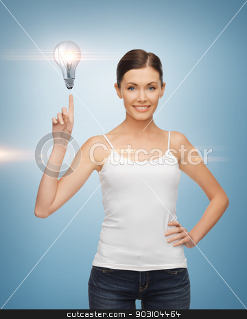 To use this stock image in your creative project, please select the size you need over to the right and click the "Add to Cart" button.
Your downloaded image will come with the Cutcaster watermark removed so don’t worry about the watermark you see on this page. woman pointing her finger at light bulb stock photo, beautiful woman pointing her finger at light bulb by Syda Productions
